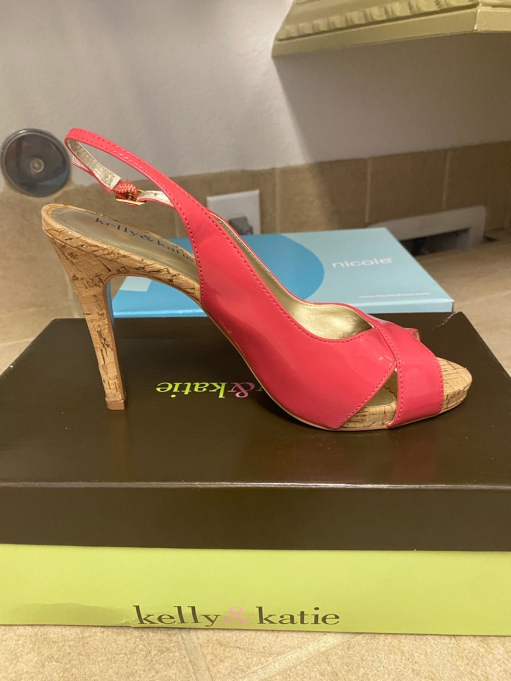 Kelly & Katie Coral Pink Cork Slingback High Heel Sandals
